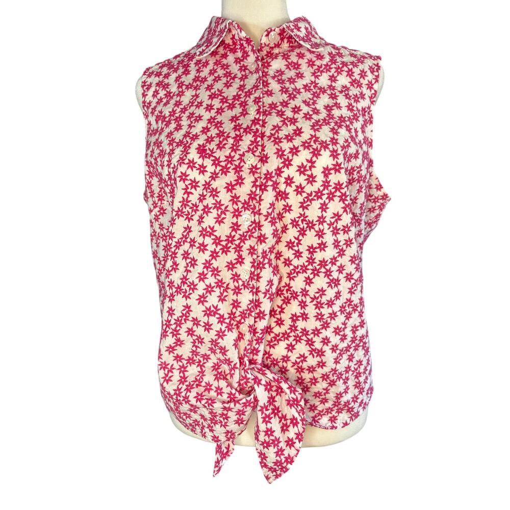 Talbots VTG Pink And White Sleeveless Top Tie At‎ Waist Embroidered Flower 16
